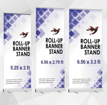 3 pull up banners with varying sizes made in prime acrylics