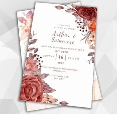 a wedding invitation with a floral design made in prime acrylics