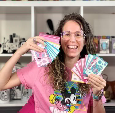 A Spanish tutor holding flashcards