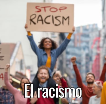A protest with a woman holding a banner which says "Stop Racism"