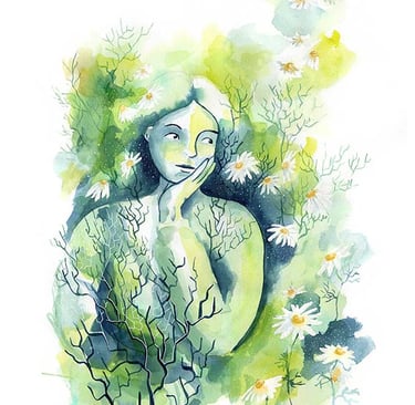 woman thinking surrounded by camomilla.