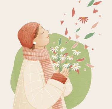 a woman in a white coat and a hat, breathing flowers 