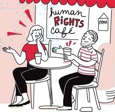 illustration of 2 people having a drink at a café