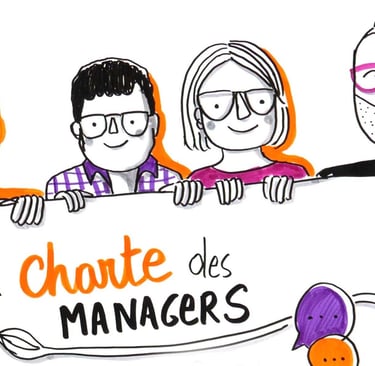 a group of people holding a sign that says, "la charte des managers"