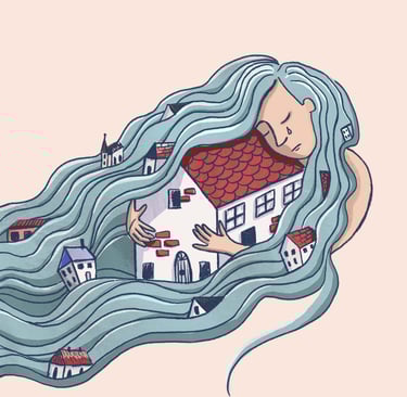 a woman with long hair and a house in the background
