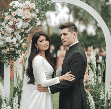 a bride and groom standing in front of a wedding ceremony