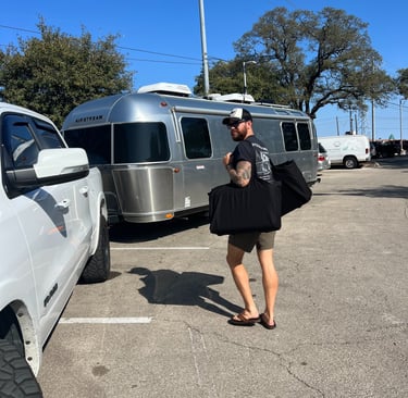Airstream travel trailer. Getting our new luggage to start our international travel. 