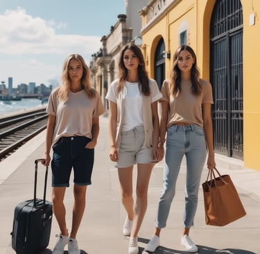 three women standing on a train track with luggage