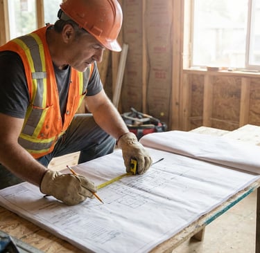 Contractor on-site reviewing as-built drawings during a Vancouver home renovation project