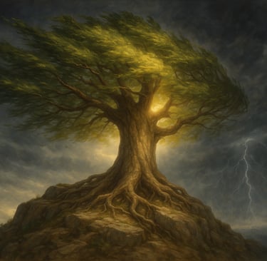 a tree on a hill with a lightning bolt 