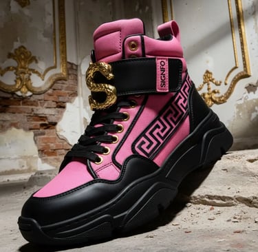 Sepatu boot "Ares" Signifo kanvas polyester pink dengan ornamen ular dan sol tebal.