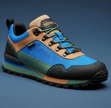 Sepatu SIGNIFO Azure Dune Elegance, berwarna biru, cokelat, dan hijau dengan tali sepatu hijau.