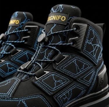 Sepatu boot hitam "Blackout Current" Signifo dengan desain petir biru.