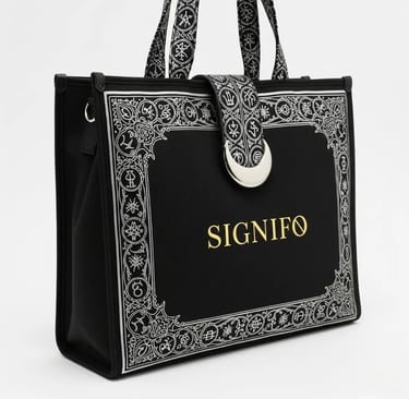 Tas tote SIGNIFO "Book of Shadows" dengan desain bingkai perak dan pengait bulan sabit.