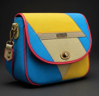 Tas selempang SIGNIFO Coastal Circuitry, berwarna biru, kuning, dan krem dengan aksen merah muda.