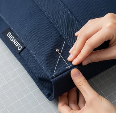 Teknik DIY tote bag: cara membuat sudut kotak pada tas kanvas SIGNIFO dengan jarum pentul.