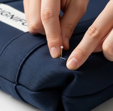 Detail cara membuat sudut kotak tote bag: menyematkan jarum pentul pada kain kanvas tebal.