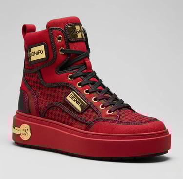 Sepatu high-top "Crimson Crest" Signifo merah hitam dengan aksen emas.