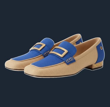 Sepatu loafer "Oasis Drift" Signifo kanvas Camel Cream dan biru.