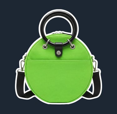Tas tangan bundar berwarna Hijau Melon dengan gagang setengah lingkaran hitam di latar belakang putih.