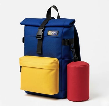 Ransel modular SIGNIFO berwarna biru dengan kantong kuning dan kompartemen merah yang bisa dilepas.