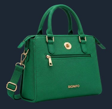 Tas satchel Signifo hijau dengan pegangan atas dan detail emas.