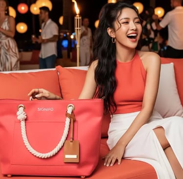 Seorang wanita tertawa di pesta malam hari sambil duduk di sofa dengan tas tote SIGNIFO berwarna Salem.