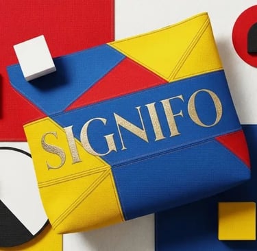 Komposisi flat lay artistik bergaya Bauhaus dengan tas SIGNIFO geometris dan balok warna primer.