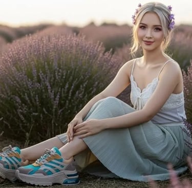 Seorang wanita duduk di antara bunga lavender, memakai sepatu sneakers SIGNIFO Chunky berwarna teal dan rok mint.