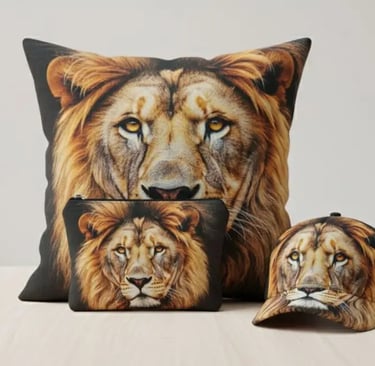 Berbagai produk—bantal, pouch, dan topi—dengan print gambar singa yang sama di atas kanvas SIGNIFO.