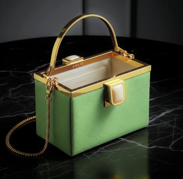 Tas boxy hijau kalem dengan aksen gold frame dan chain strap elegan.