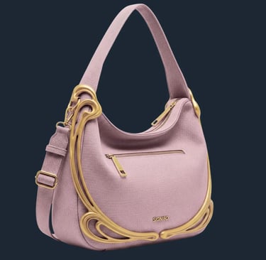 Tas hobo berwarna dusty rose mauve dengan bentuk melengkung dan detail perangkat keras emas organik.