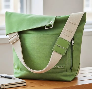 Tas messenger hijau kalem dengan strap kanvas krem dan desain kasual-elegan.
