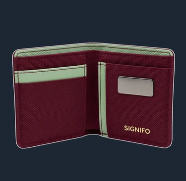 Dompet lipat "The Enclave" Signifo kanvas Maroon Red dan hijau.