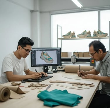 Desainer SIGNIFO sedang membuat pola untuk sepatu sneakers Teal Mirage Chunky.