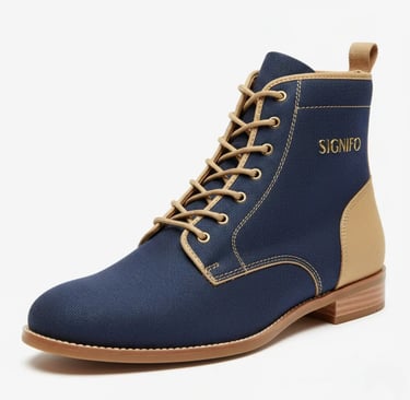 Sepatu boot "Midnight Nomad" Signifo biru dan krem dengan tali sepatu.