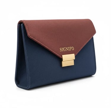 Tas clutch "Midnight Reverie" Signifo biru tua dan merah marun.