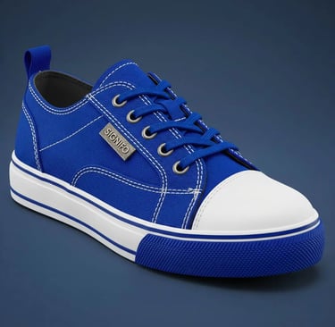 Sepatu sneaker kanvas "Monochrome Depth" Signifo biru tua dengan sol putih.