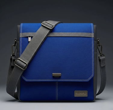 Tas selempang "Navy Precision" Signifo dengan strap abu-abu dan detail jahitan.