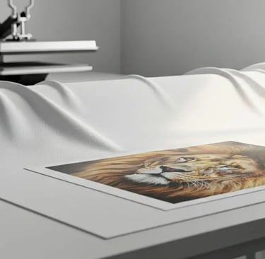 Kain kanvas putih SIGNIFO terhampar di meja dengan kertas print singa dan mesin heat press di latar.
