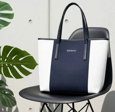 Inspirasi desain tote bag: kombinasi kanvas SIGNIFO dengan tali tas bahan kulit hitam.