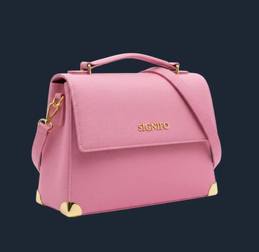 Tas jinjing "Rêveur" Signifo kanvas polyester pink dengan aksen emas di sudut.