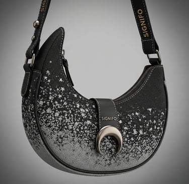 Tas bahu "Shadow & Stardust" Signifo dengan desain bulan sabit, gradien abu-abu dan taburan bintang.