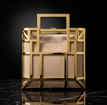 The "Aura" Clutch Tote, sebuah tas mewah dari kanvas SIGNIFO yang terbungkus sangkar emas
