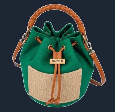 A soft, unstructured bucket-style tote with a round base and a drawstring closure.