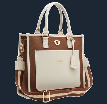 A classic, structured tote with a strong, upright silhouette, featuring a distinctive front flap closure & reinforced corners