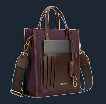 A structured, vertical 'book tote' with a rigid frame and sharp, defined corners, designed to carry books and a tablet.