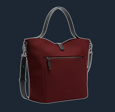 A minimalist and structured tote with a curved top line and a flat, stable base. Its form is clean and sculptural.