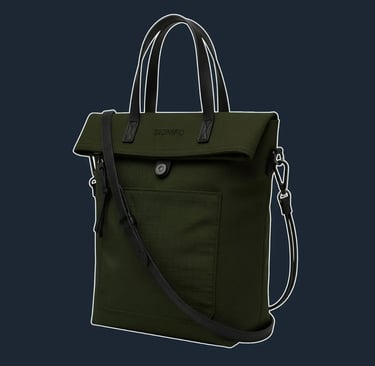 A sleek, vertically oriented tote with a fold-over top that closes with a magnetic flap, with clean and secure silhouette