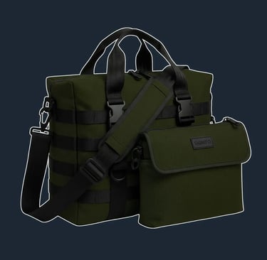 A highly structured, multi-compartment tactical tote with a clean, rectangular silhouette and external webbing grids.